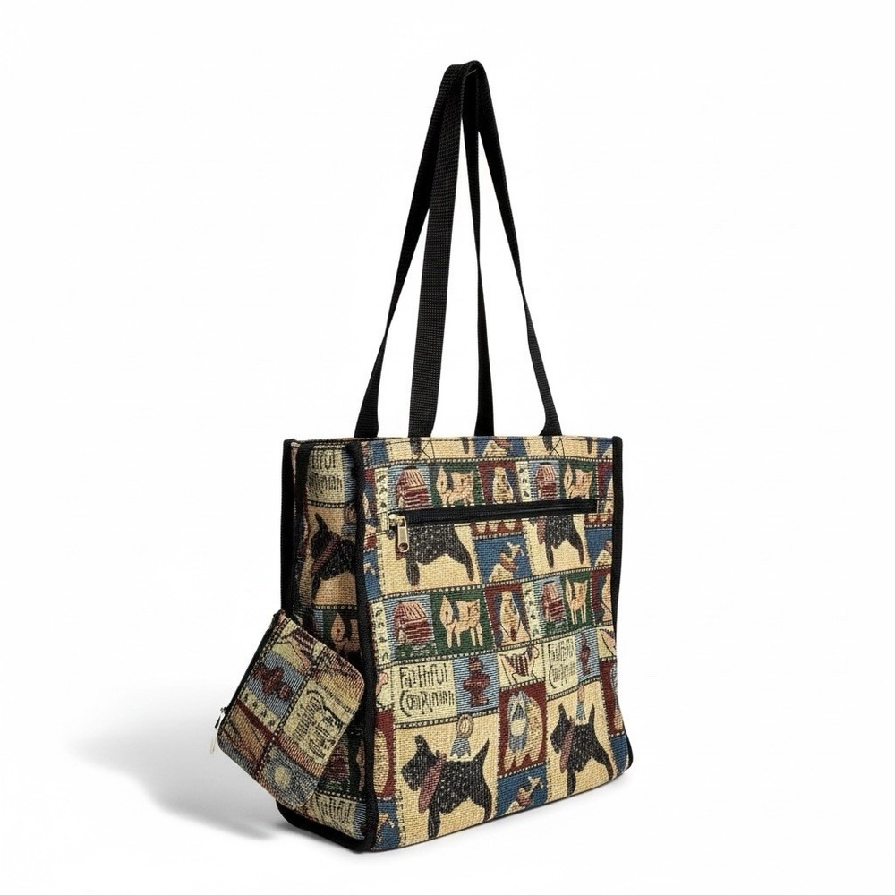 Dog Tapestry Tote Bag Faithful Companion Terrier Scottie Coin Purse Top Zipper